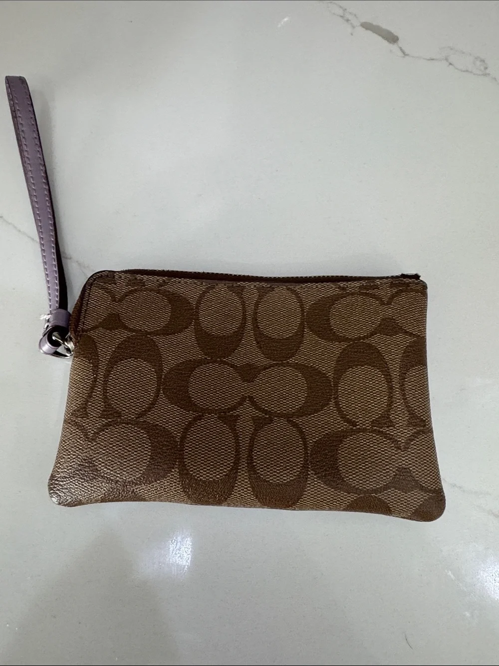 Coach Brown Signature Canvas Wristlet with Lavender Center Stripe